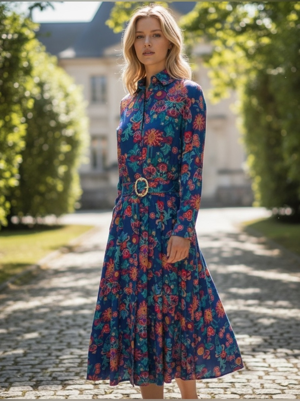 Schrader Long Sleeve 80s Floral Shirt Belted Dress With Jewel Button Cuffs Sz 8